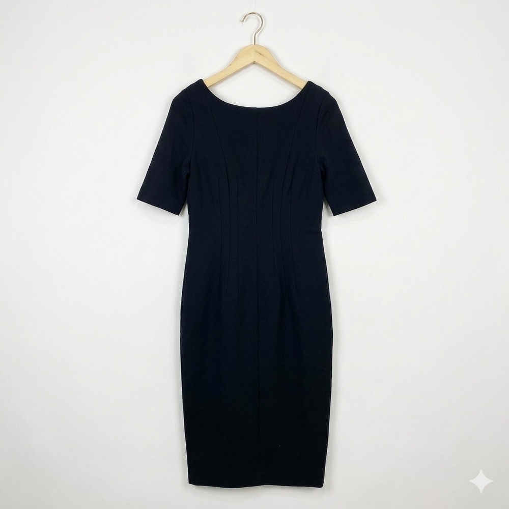 Boden Black Ponte Sheath Dress Gold Back Zip Pintuck Waist Old Money - US 8L